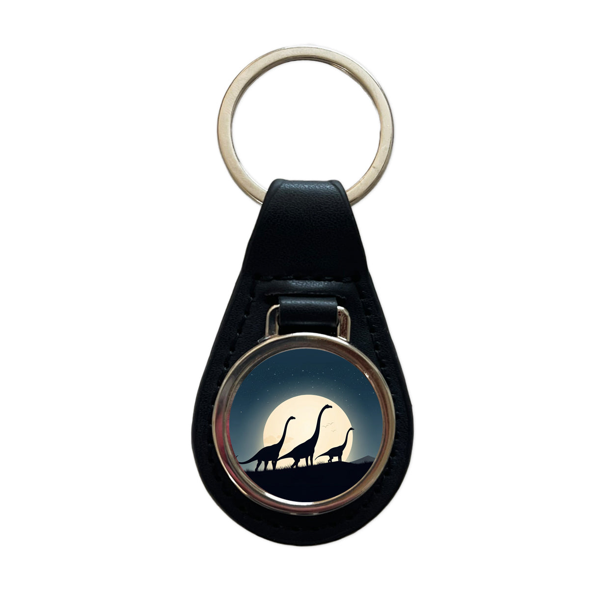 Apatosaurus Silhouettes Moon Night Dinosaurs Black Leather Metal Keychain