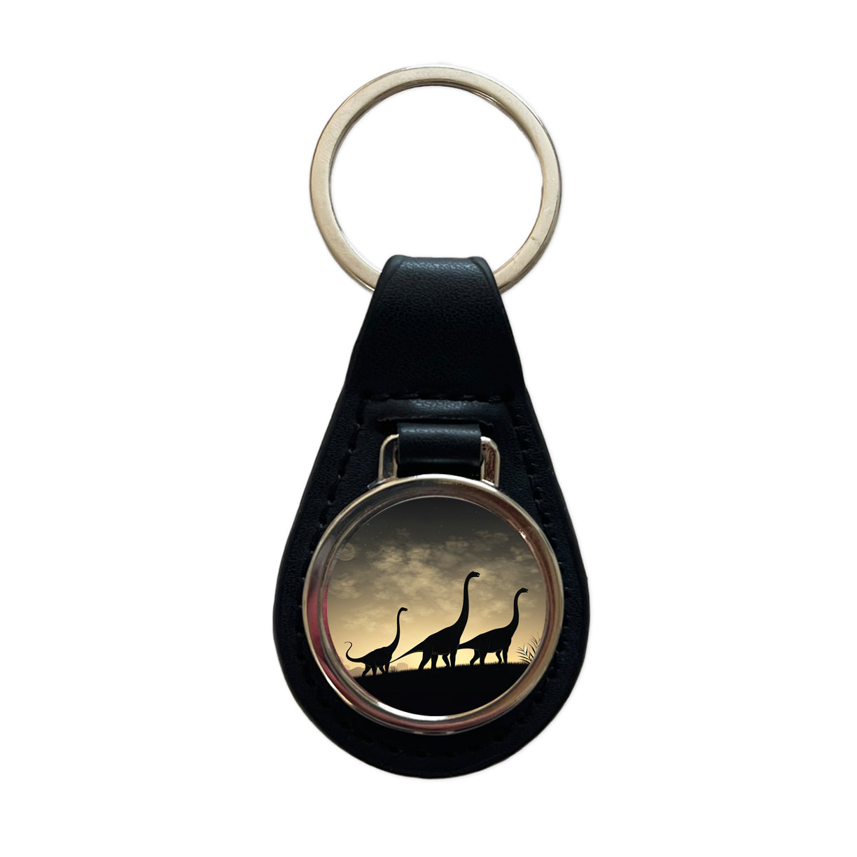 Apatosaurus Silhouettes Walking Dinosaurs Black Leather Metal Keychain
