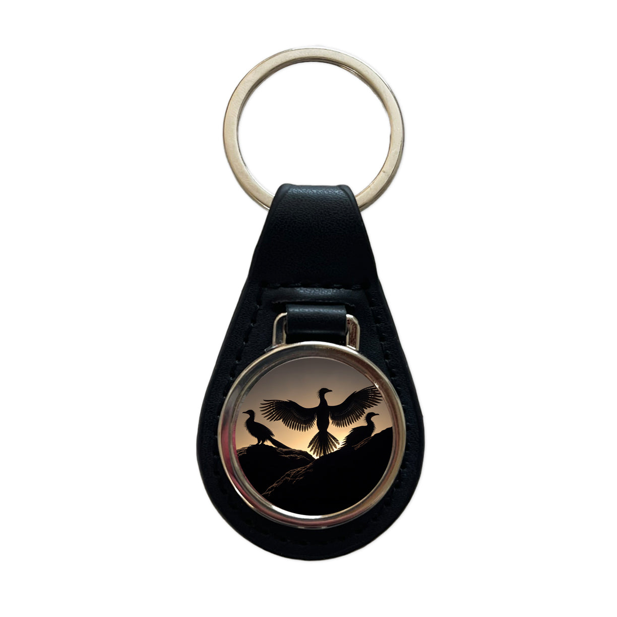 Archaeopteryx Silhouettes Dinosaurs Black Leather Metal Keychain