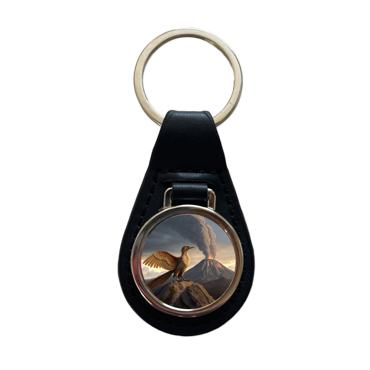 Archaeopteryx Volcano Erupting Dinosaur Black Leather Metal Keychain