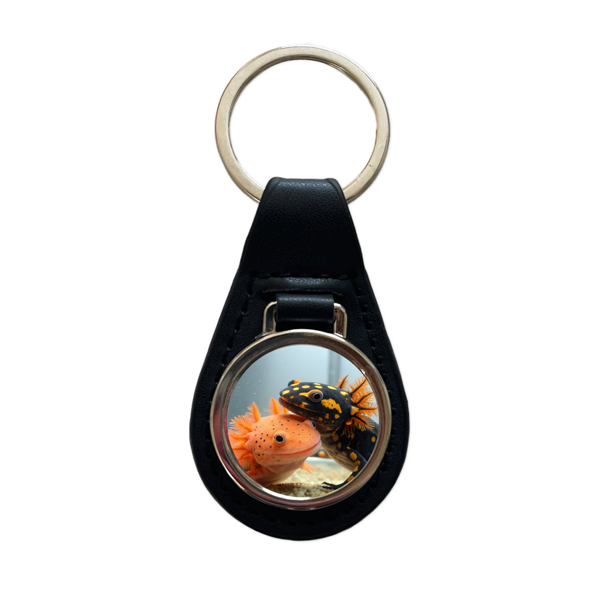 Axolotls Hugging Black Leather Metal Keychain
