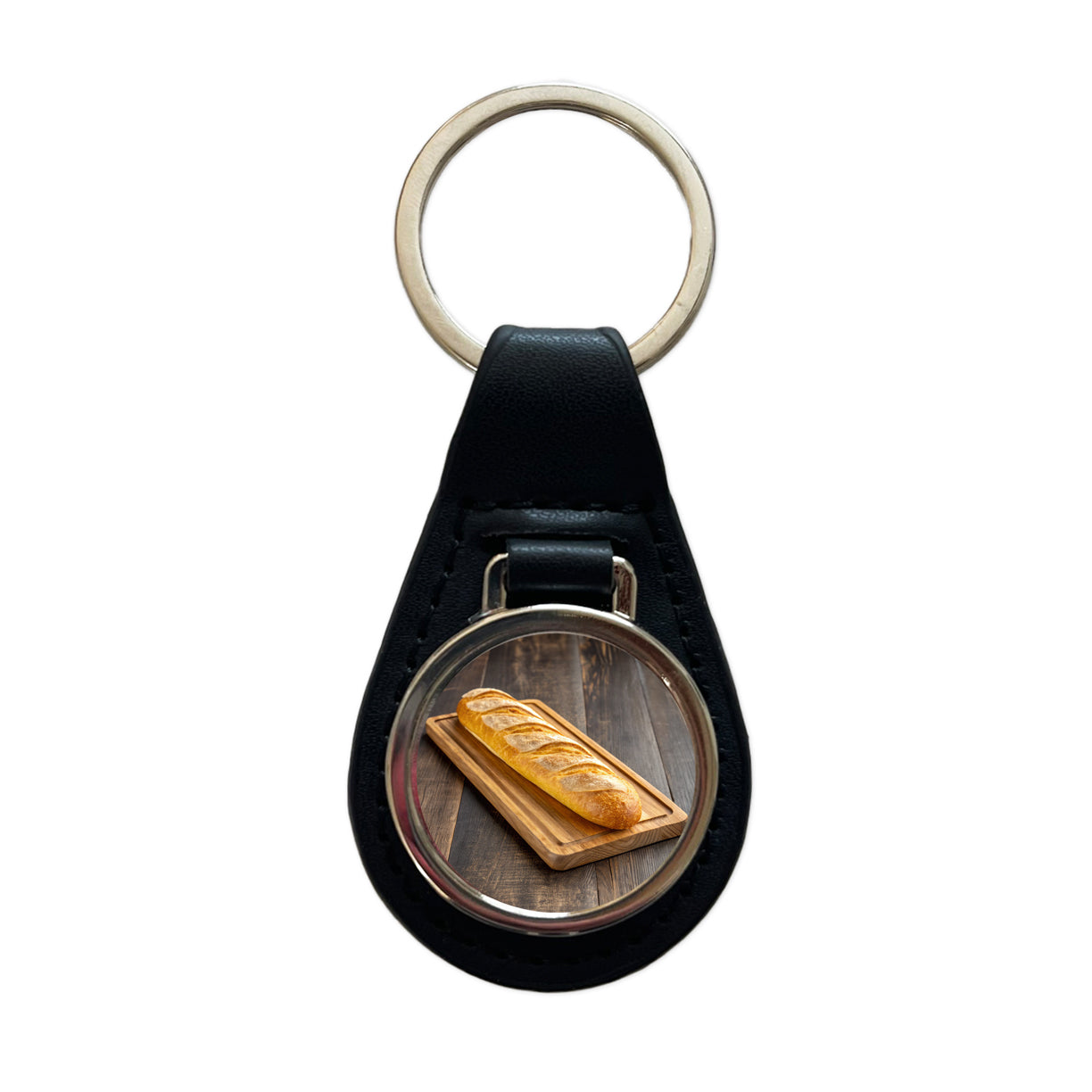 Baguette Bread Board Black Leather Metal Keychain