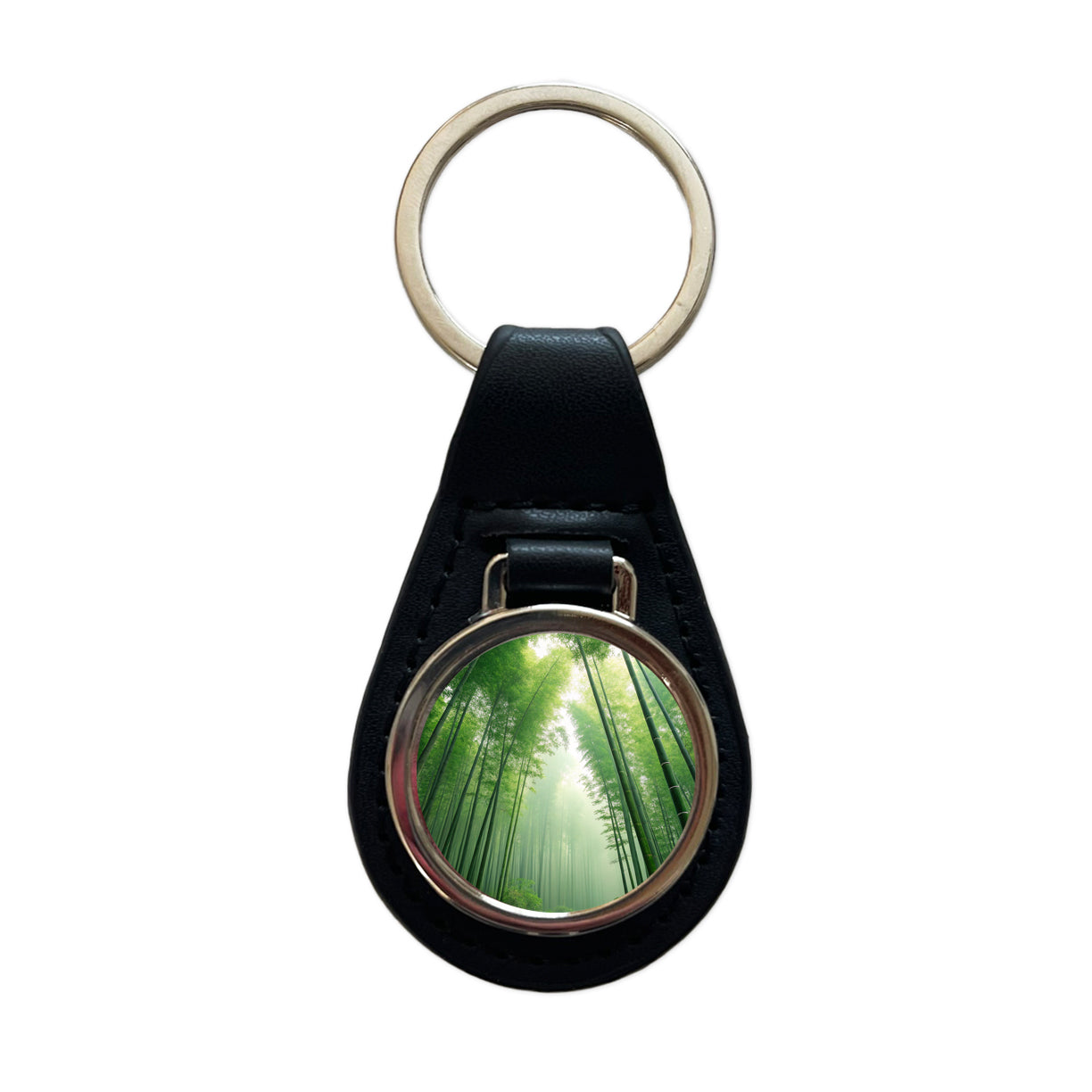 Bamboo Grove Forest Beautiful Black Leather Metal Keychain