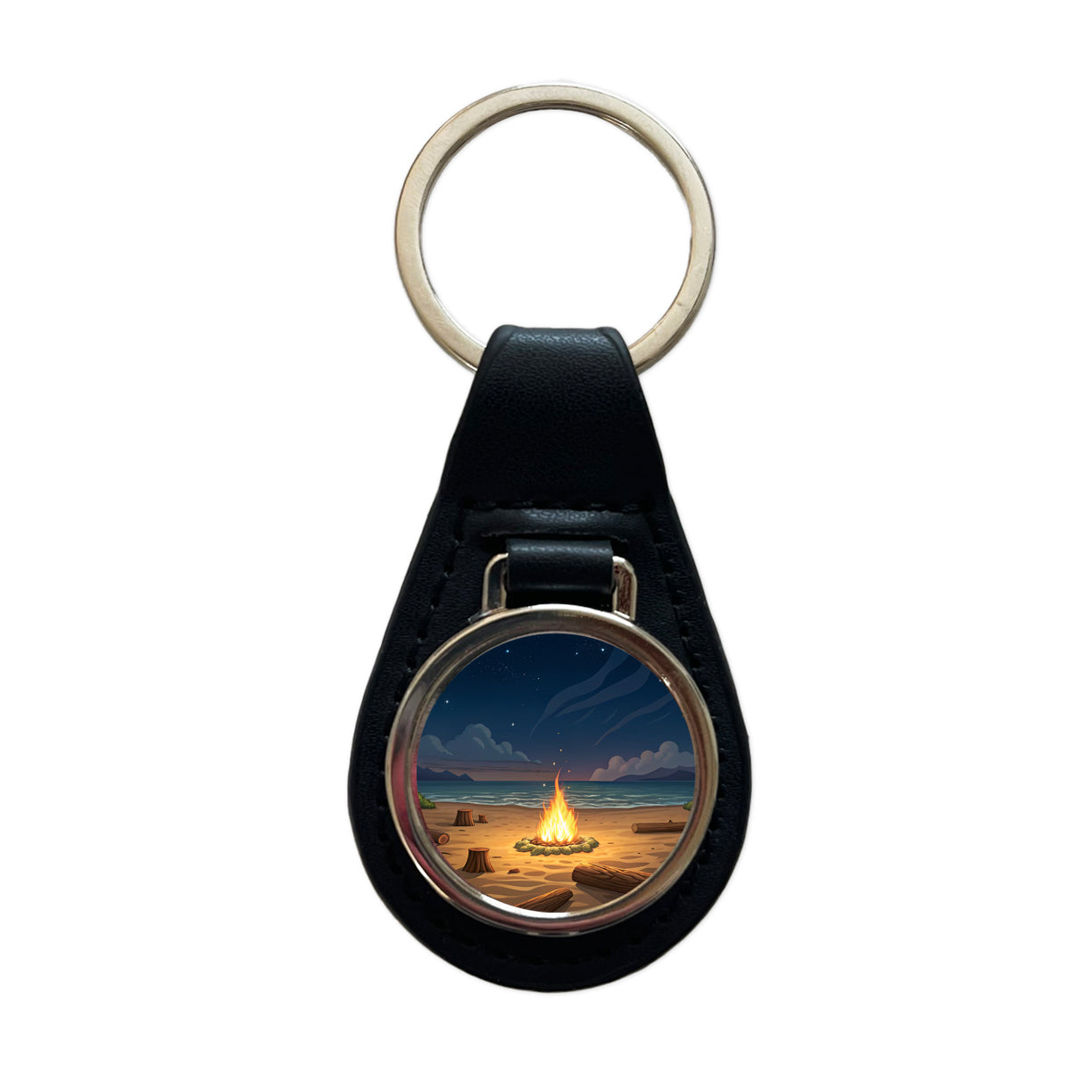 Beach Bonfire Drawing Black Leather Metal Keychain