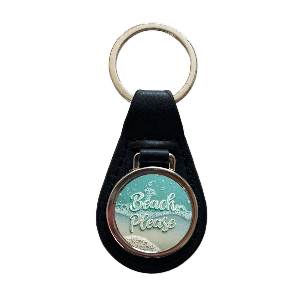Beach Please Sea Foam Ocean Black Leather Metal Keychain