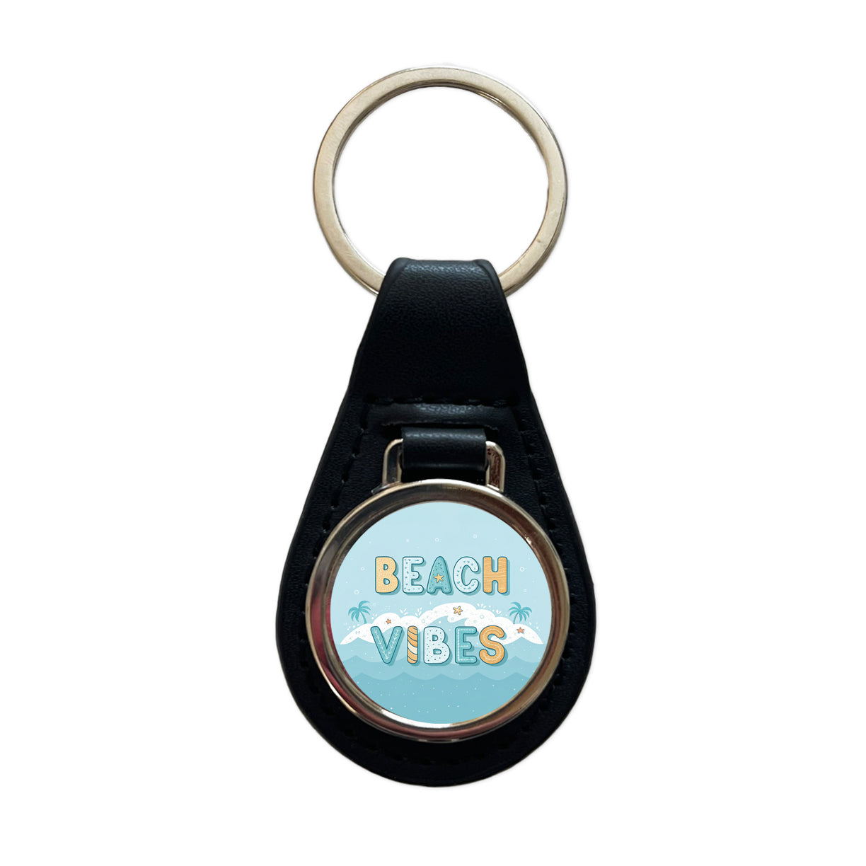 Beach Vibes Sea Foam Ocean Black Leather Metal Keychain