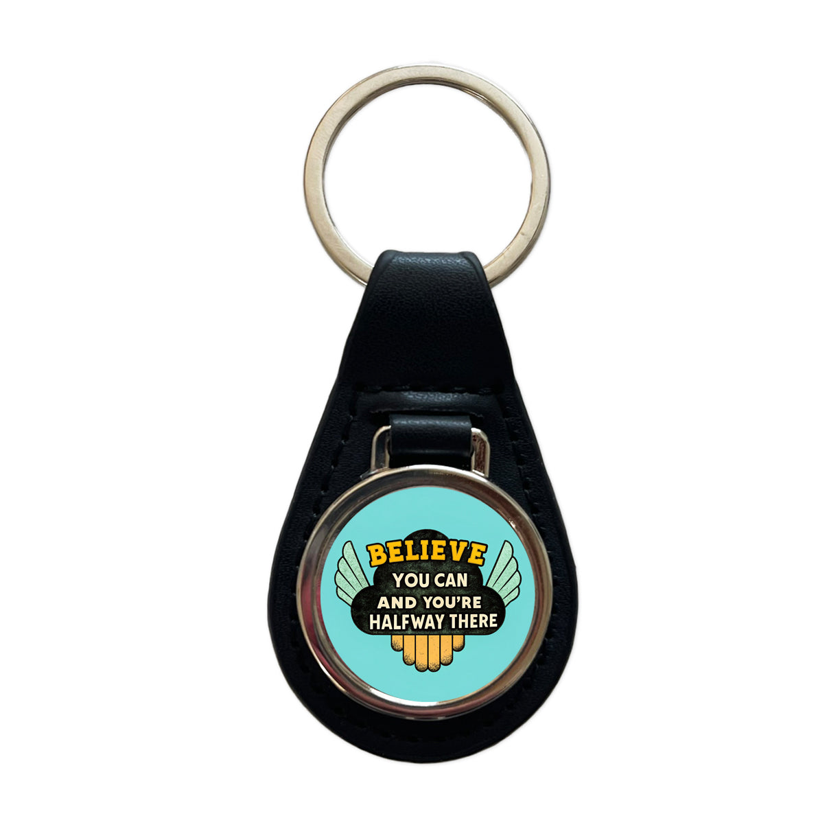 Believe You Can You're Halfway There Inspirational Black Leather Metal Keychain