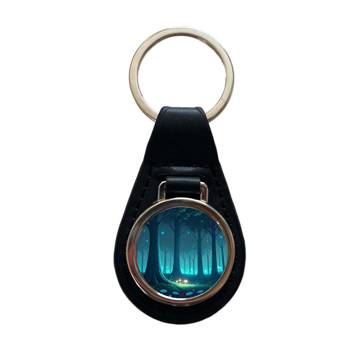 Bioluminescent Forest Mushrooms Trees Black Leather Metal Keychain