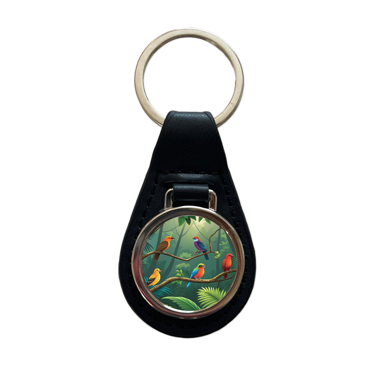 Birds In Jungle Colorful Black Leather Metal Keychain