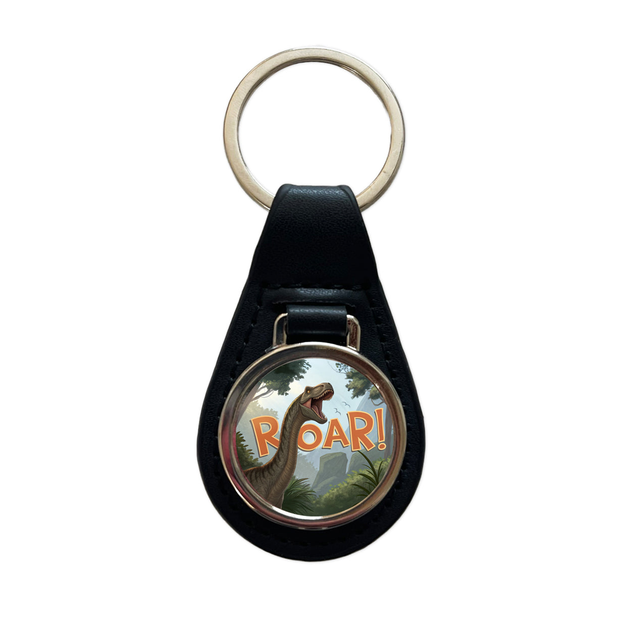 Brachiosaurus Roar Bold Text Dinosaur Black Leather Metal Keychain