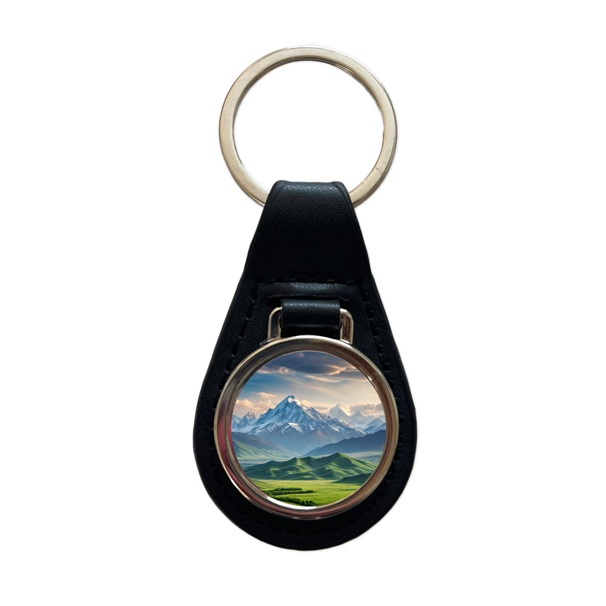 Breathtaking Mountain Views Snow Meadow Black Leather Metal Keychain