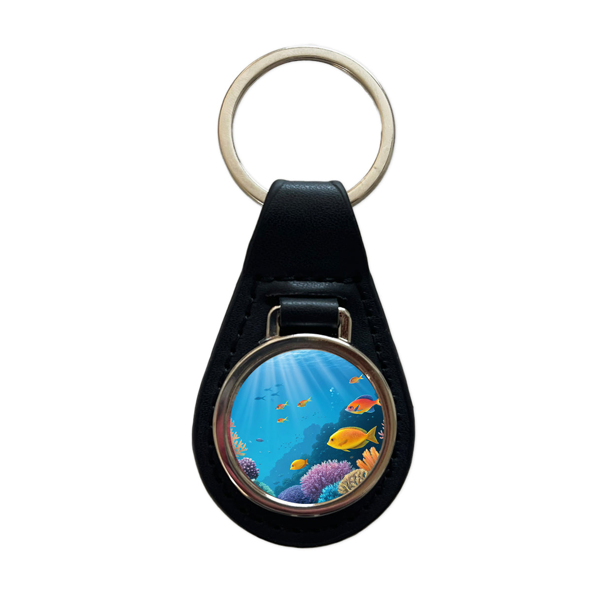 Bright Colorful Fish Coral Light Rays Tropical Ocean Black Leather Metal Keychain