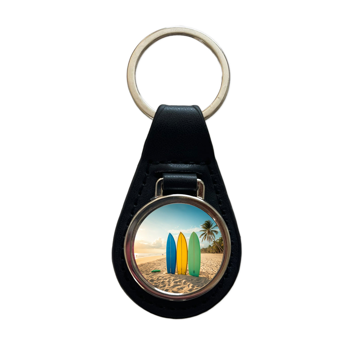 Brightly Colored Surfboards Sand Beach Ocean Black Leather Metal Keychain