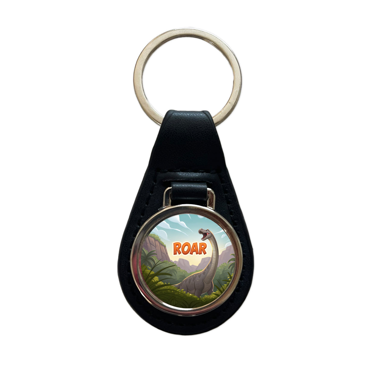 Brontosaurus Roar Dinosaur Cute Black Leather Metal Keychain