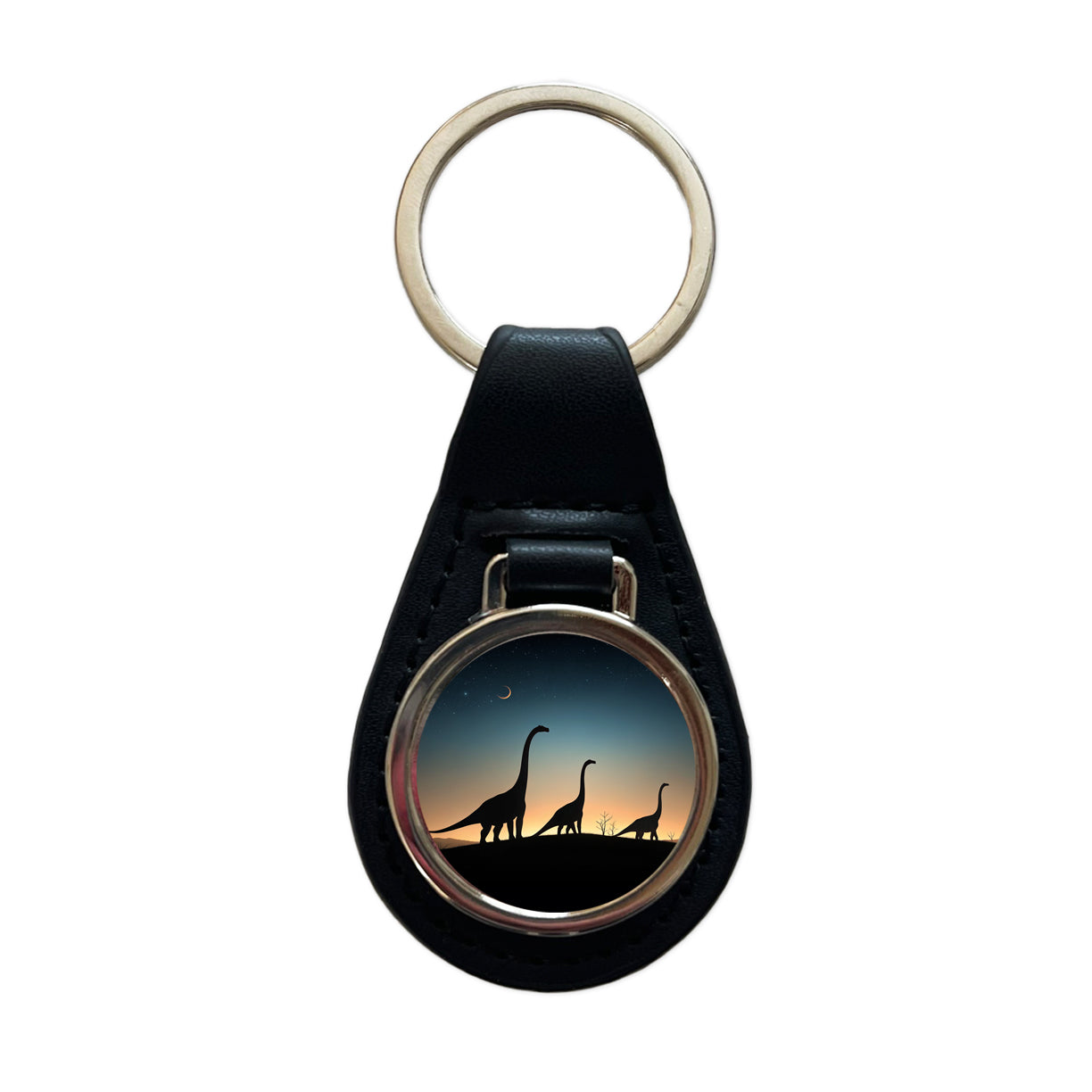 Brontosaurus Silhouettes Night Dinosaurs Black Leather Metal Keychain