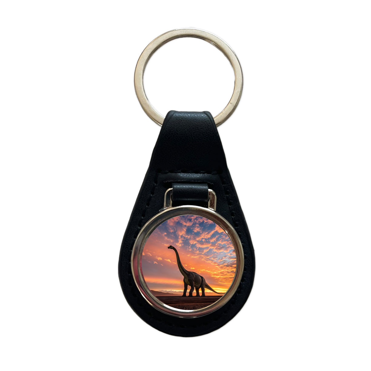 Brontosaurus Sunset Dinosaur Black Leather Metal Keychain
