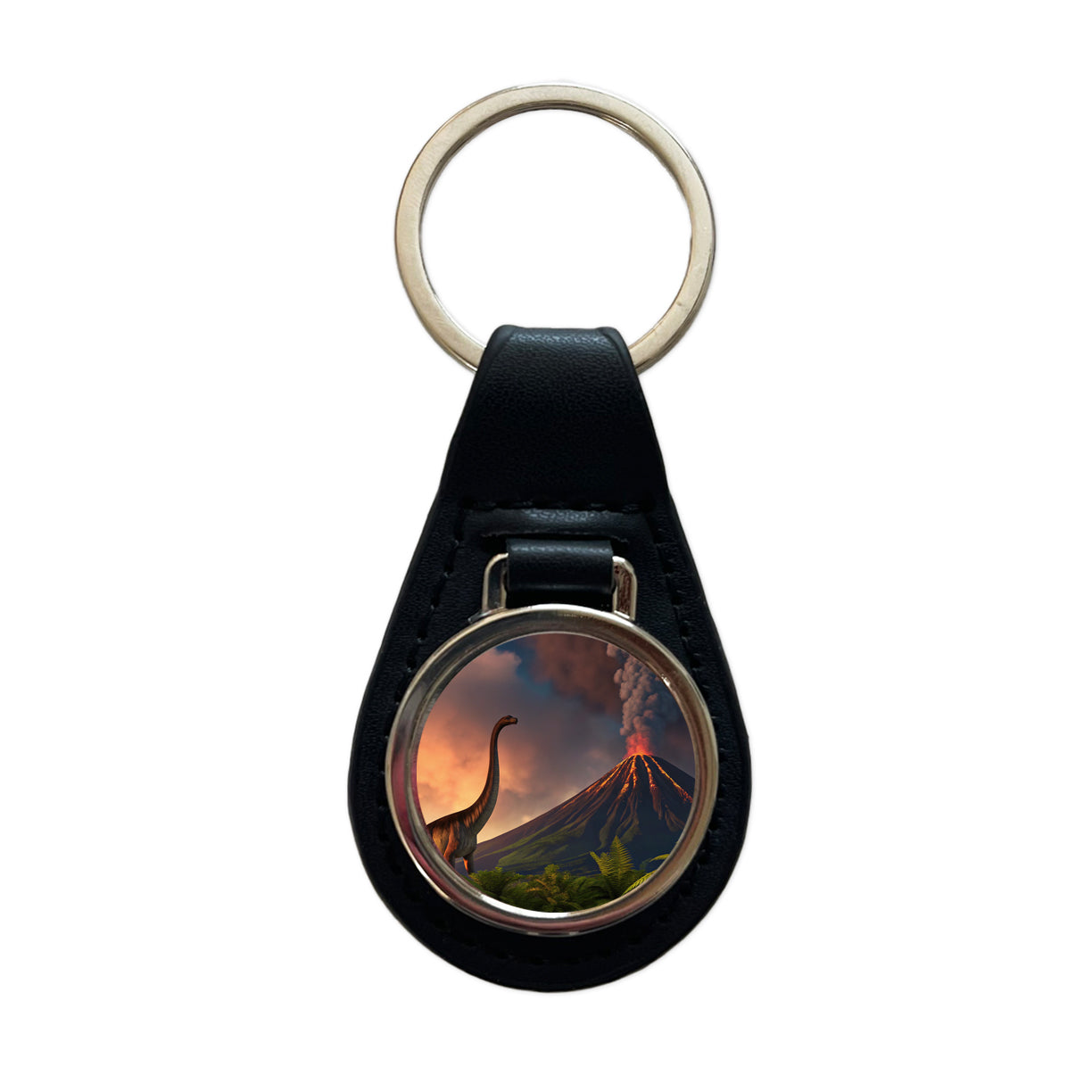 Brontosaurus Volcano Erupting Dinosaur Black Leather Metal Keychain