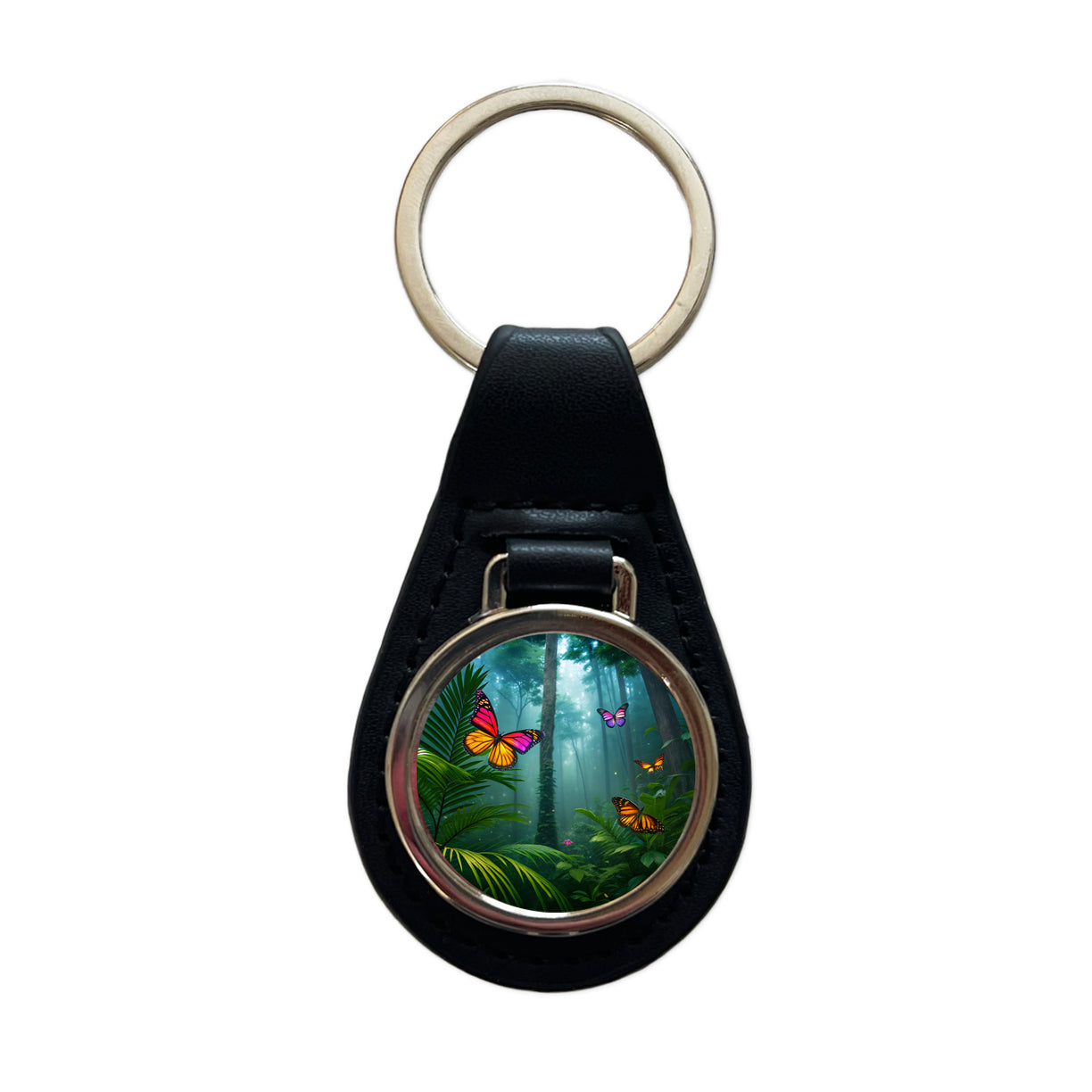 Butterflies In Jungle Forest Black Leather Metal Keychain