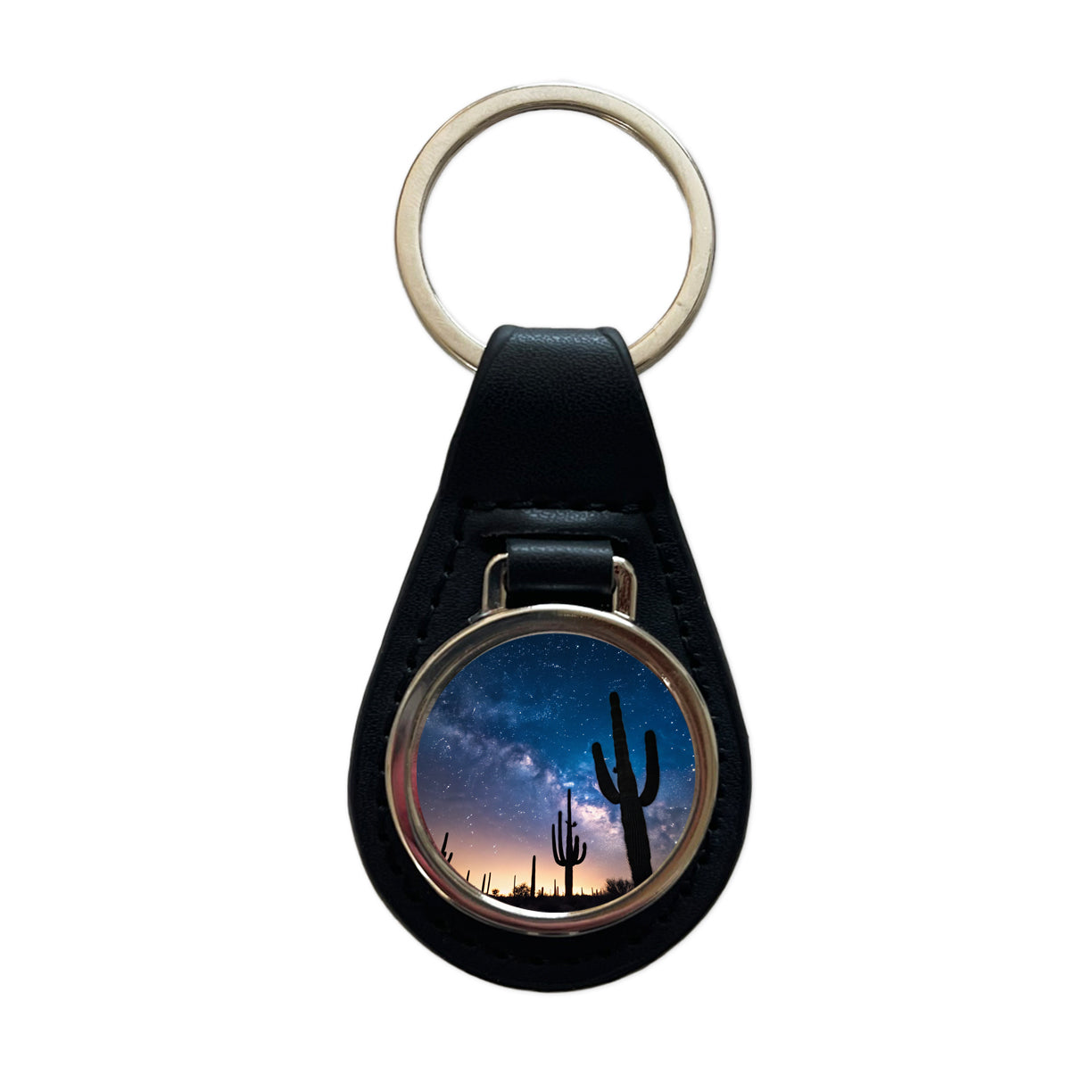 Cactus Silhouettes Starry Sky Night Shadows Black Leather Metal Keychain