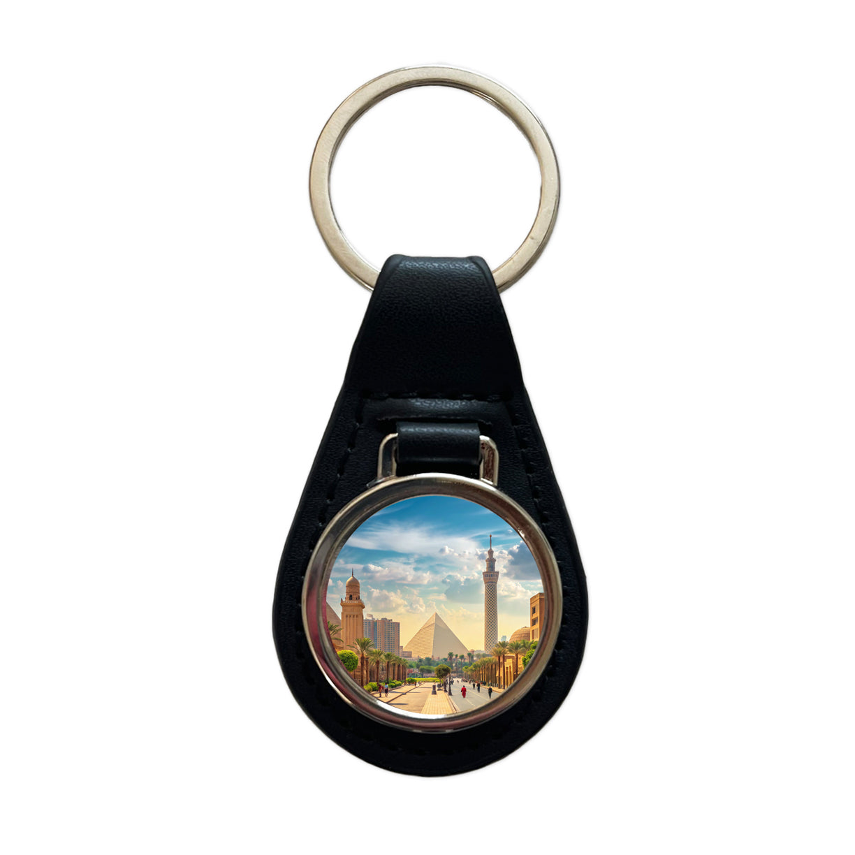 Cairo Egypt Pyramid Street Black Leather Metal Keychain