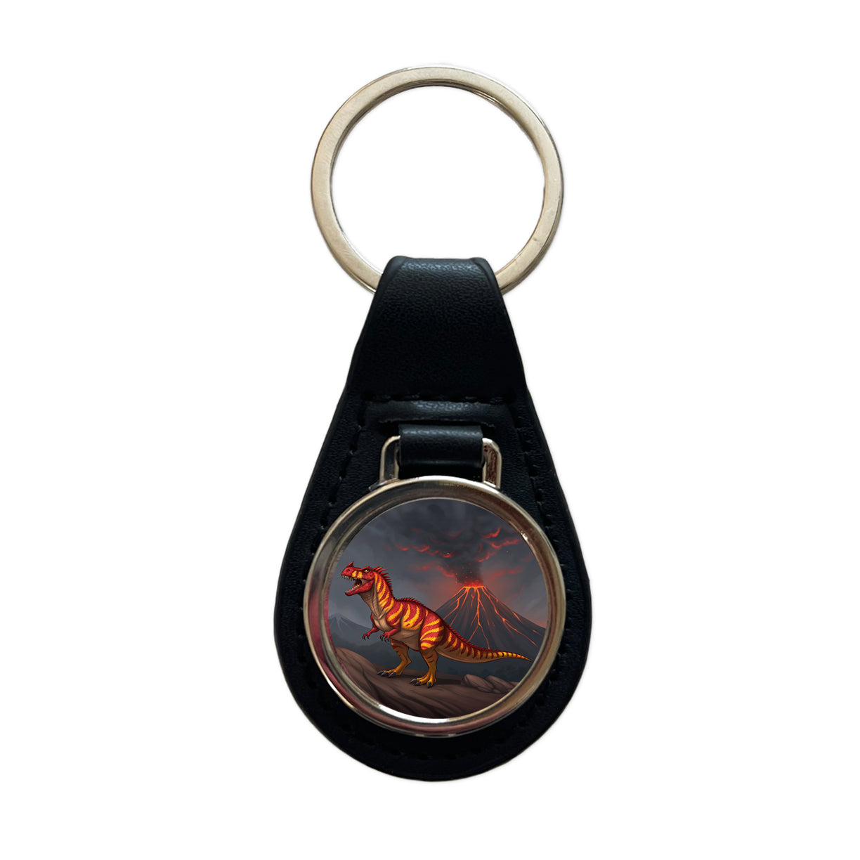 Carnotaurus Volcano Erupting Dinosaur Black Leather Metal Keychain