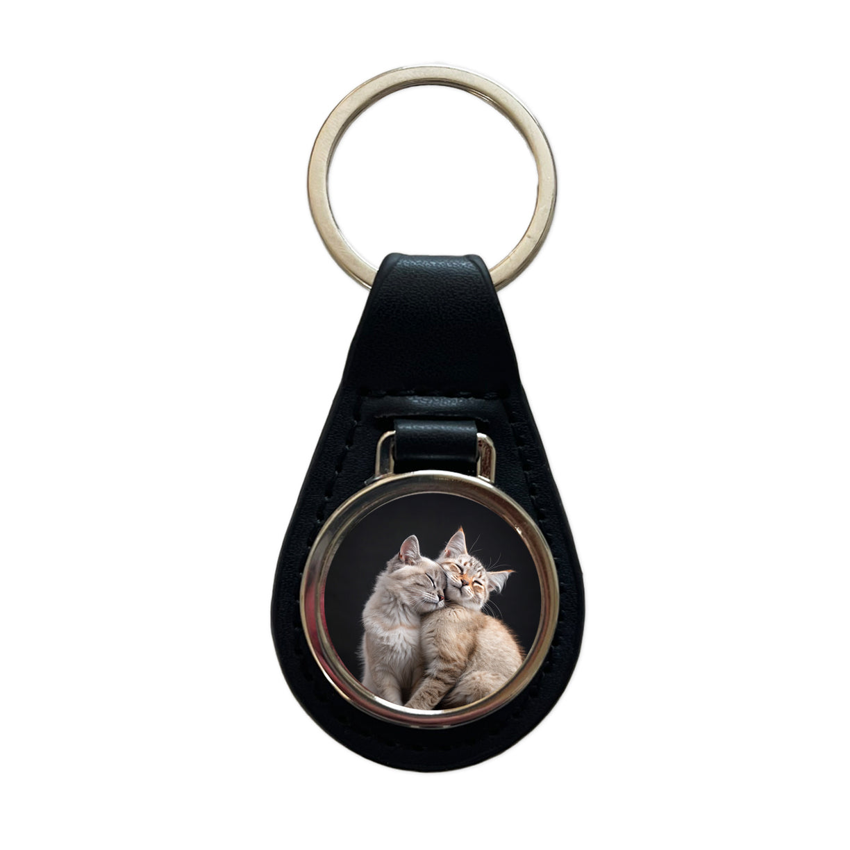 Cats Nuzzle Love Cute Black Leather Metal Keychain