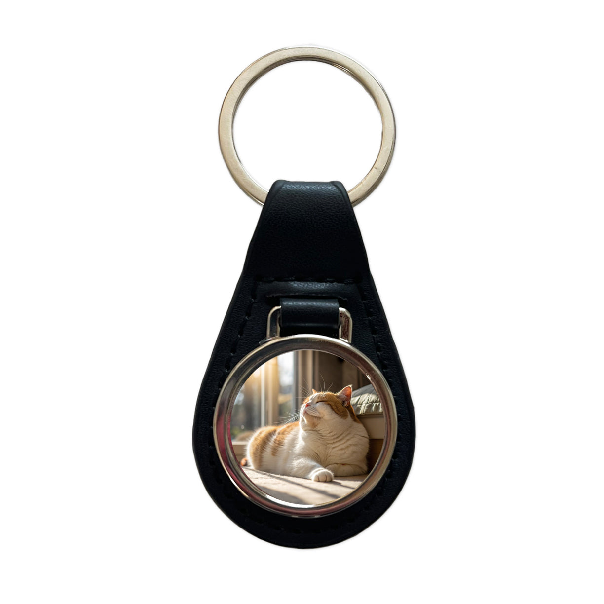 Chubby Cat Lying Down Photo Black Leather Metal Keychain