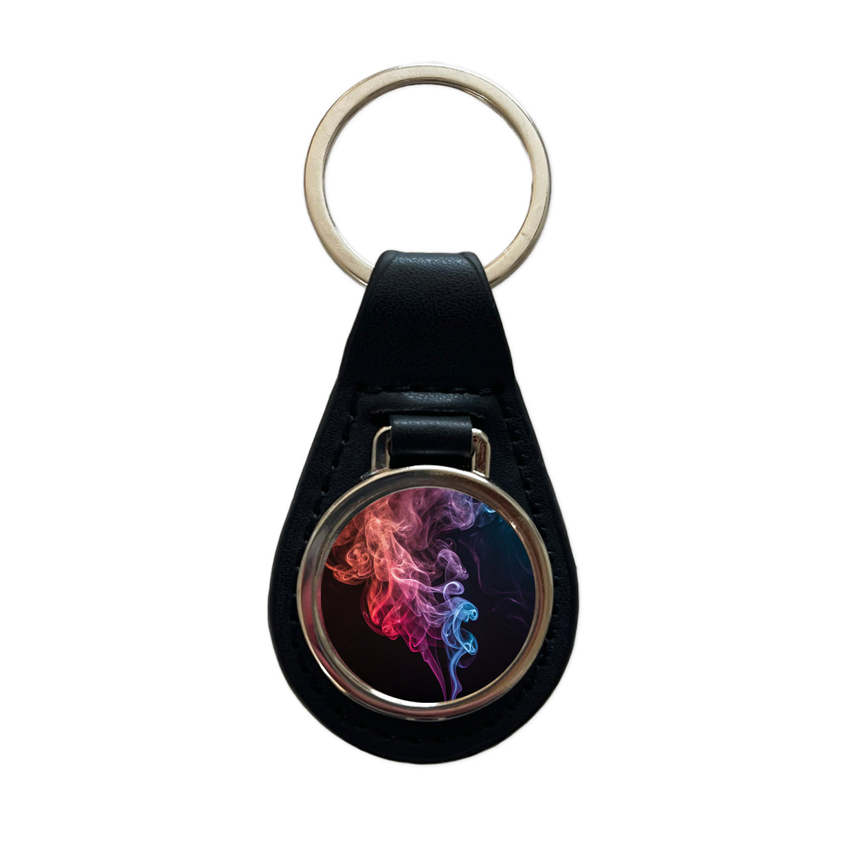 Colorful Smoke Curling Black Leather Metal Keychain