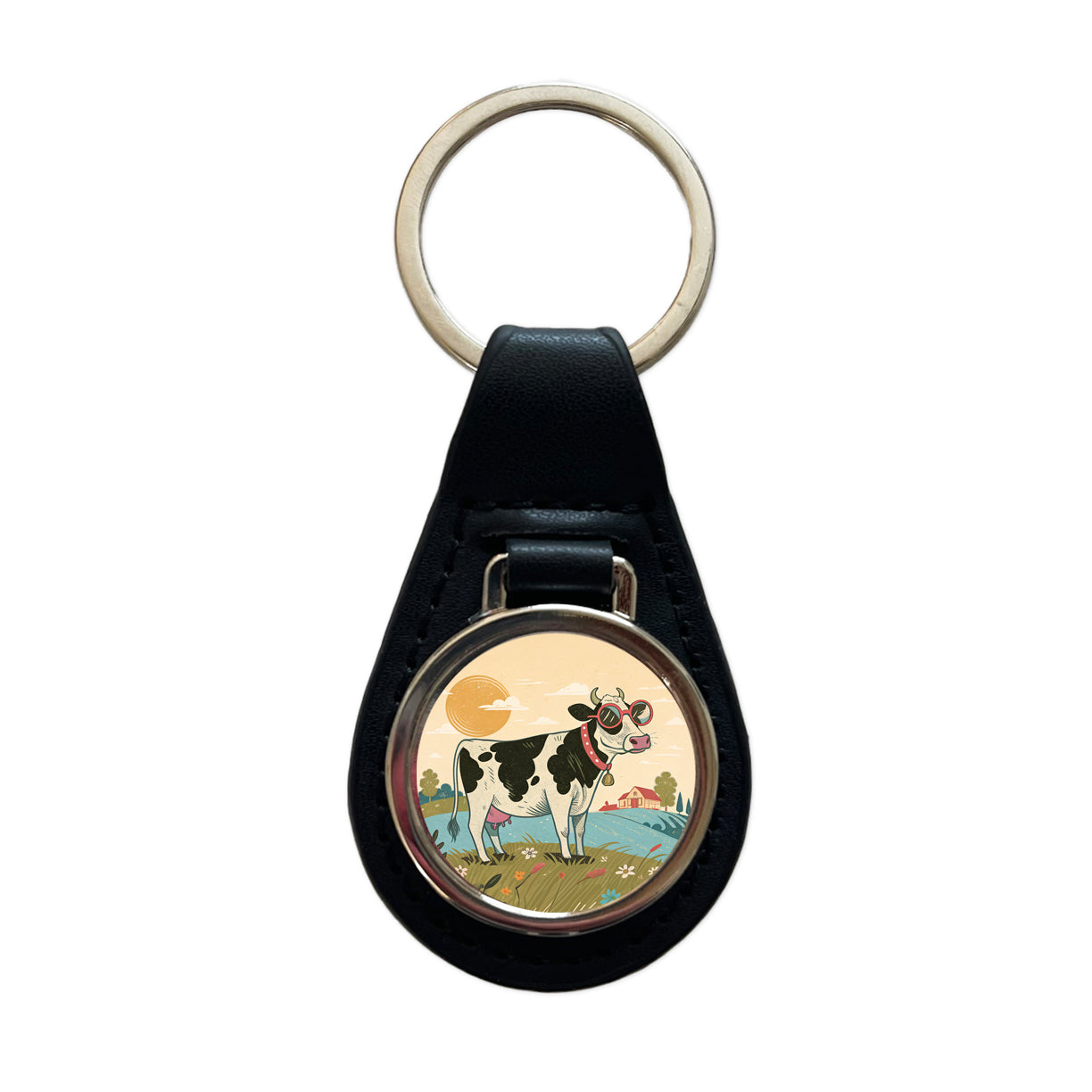 Cool Cow Wearing Sunglasses Retro Illustration Black Leather Metal Keychain