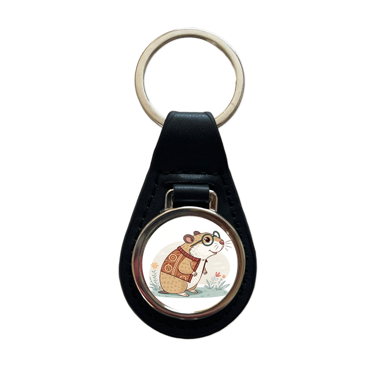 Cool Hamster Wearing Glasses Retro Illustration Cute Black Leather Metal Keychain
