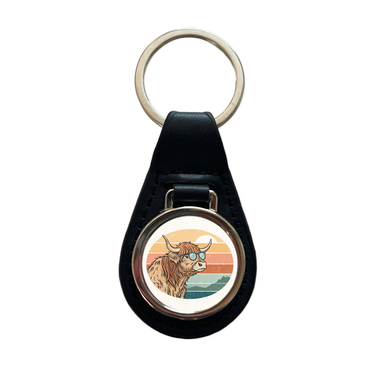 Cool Highland Cow Wearing Sunglasses Retro Black Leather Metal Keychain