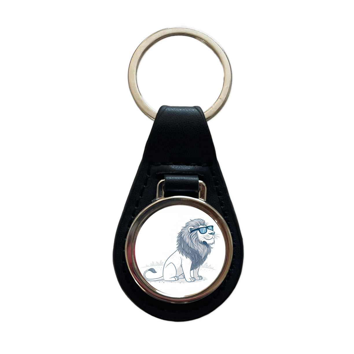 Cool Lion Wearing Sunglasses Minimalist Illustration Black Leather Metal Keychain