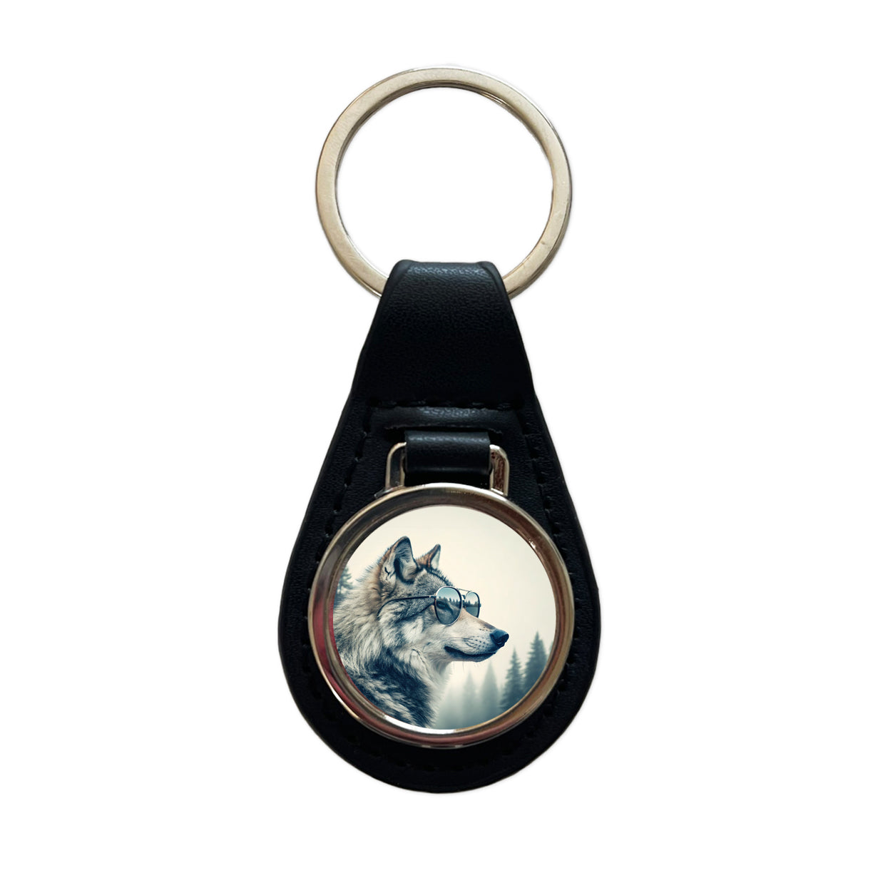 Cool Wolf Wearing Misty Woods Black Leather Metal Keychain