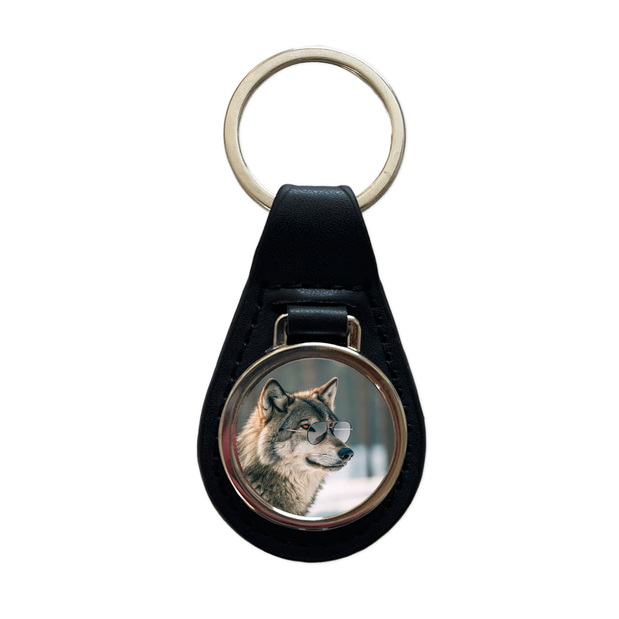 Cool Wolf Wearing Sunglasses Black Leather Metal Keychain