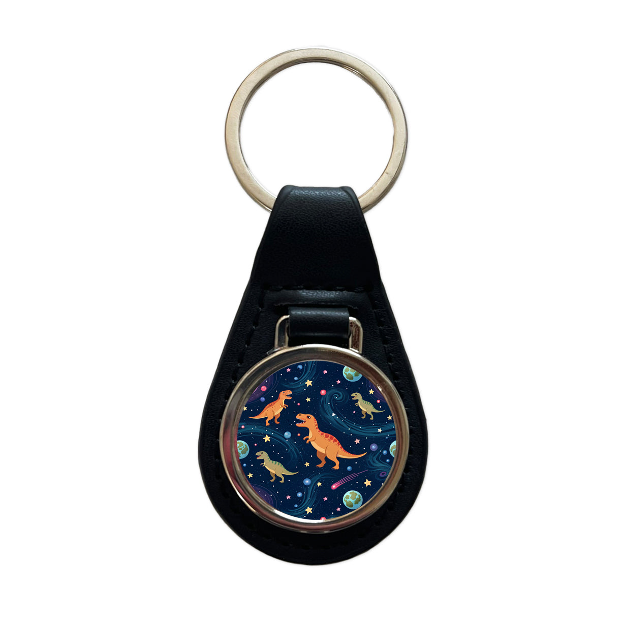 Dinosaurs Floating In Space Galaxy Planets Black Leather Metal Keychain