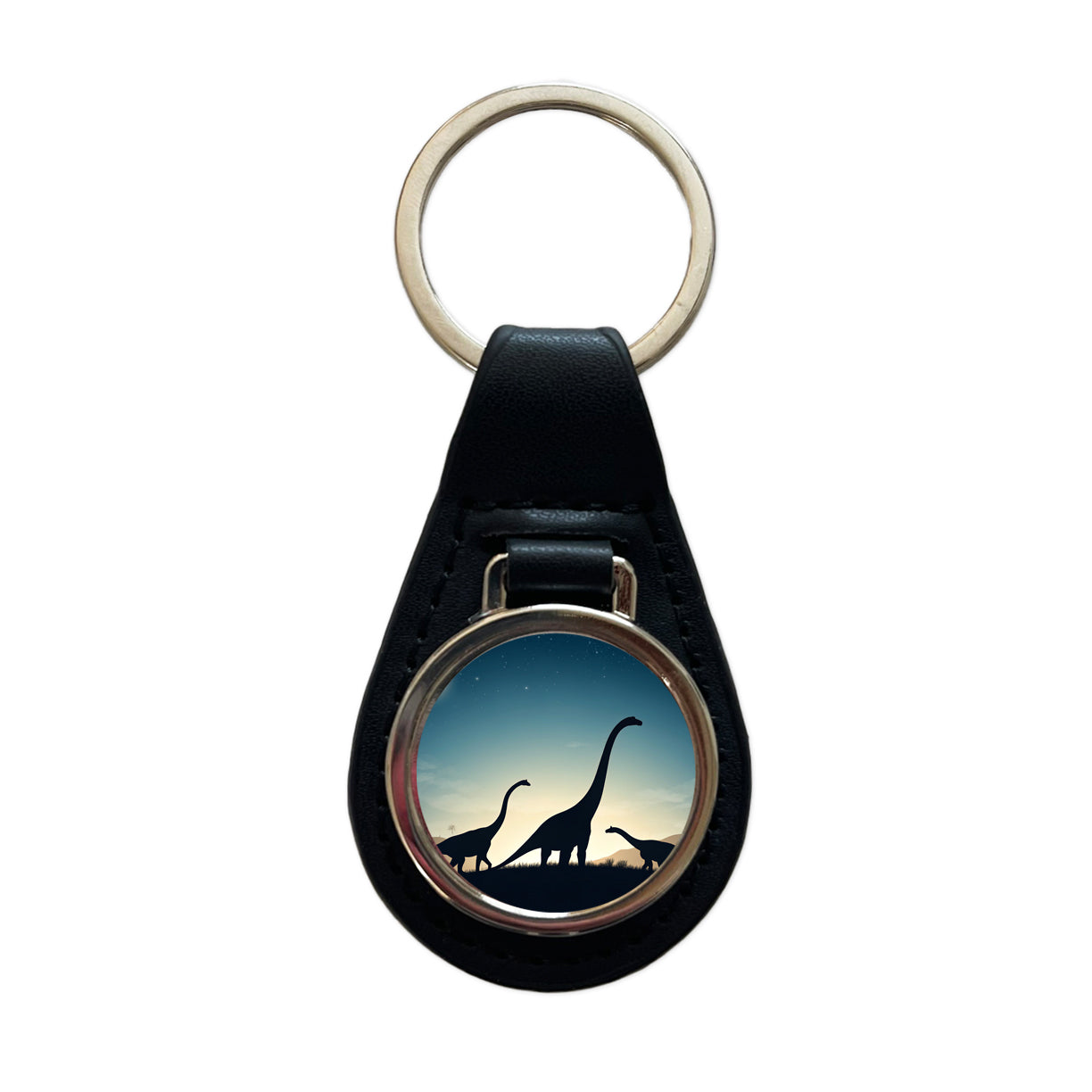 Diplodocus Silhouettes Night Dinosaurs Black Leather Metal Keychain