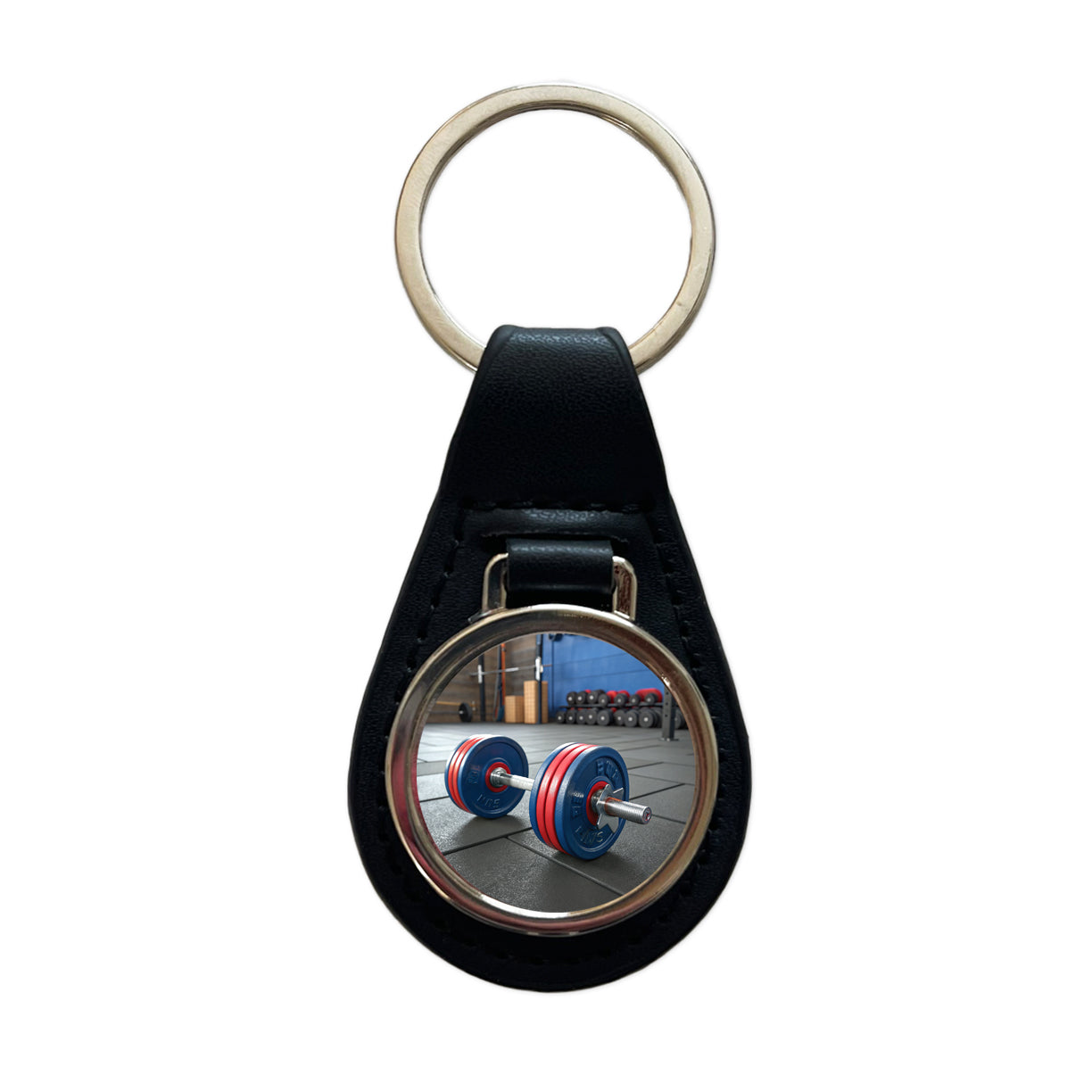 Dumbbells Workout Exercise Gym Black Leather Metal Keychain
