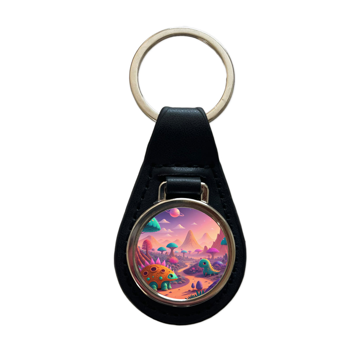 Fantasy Alien Planet Dinosaurs Black Leather Metal Keychain