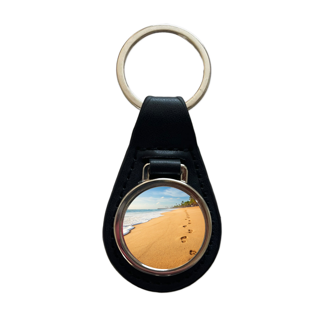Footprints In The Sand Barefoot Beach Ocean Black Leather Metal Keychain