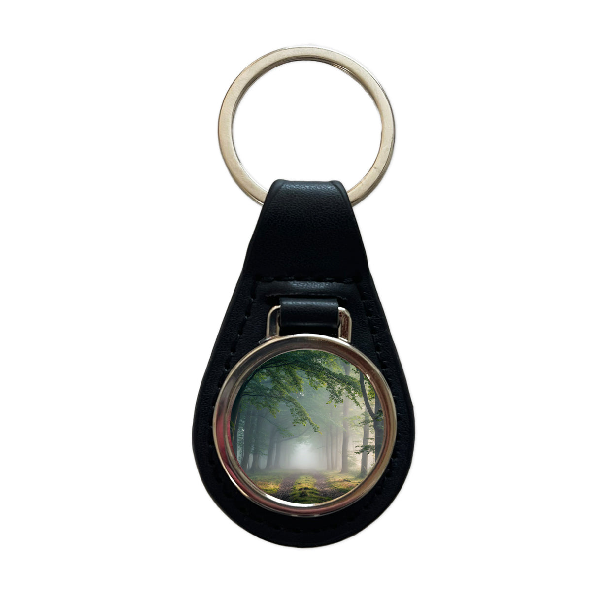 Forest Fog Morning Trail Black Leather Metal Keychain