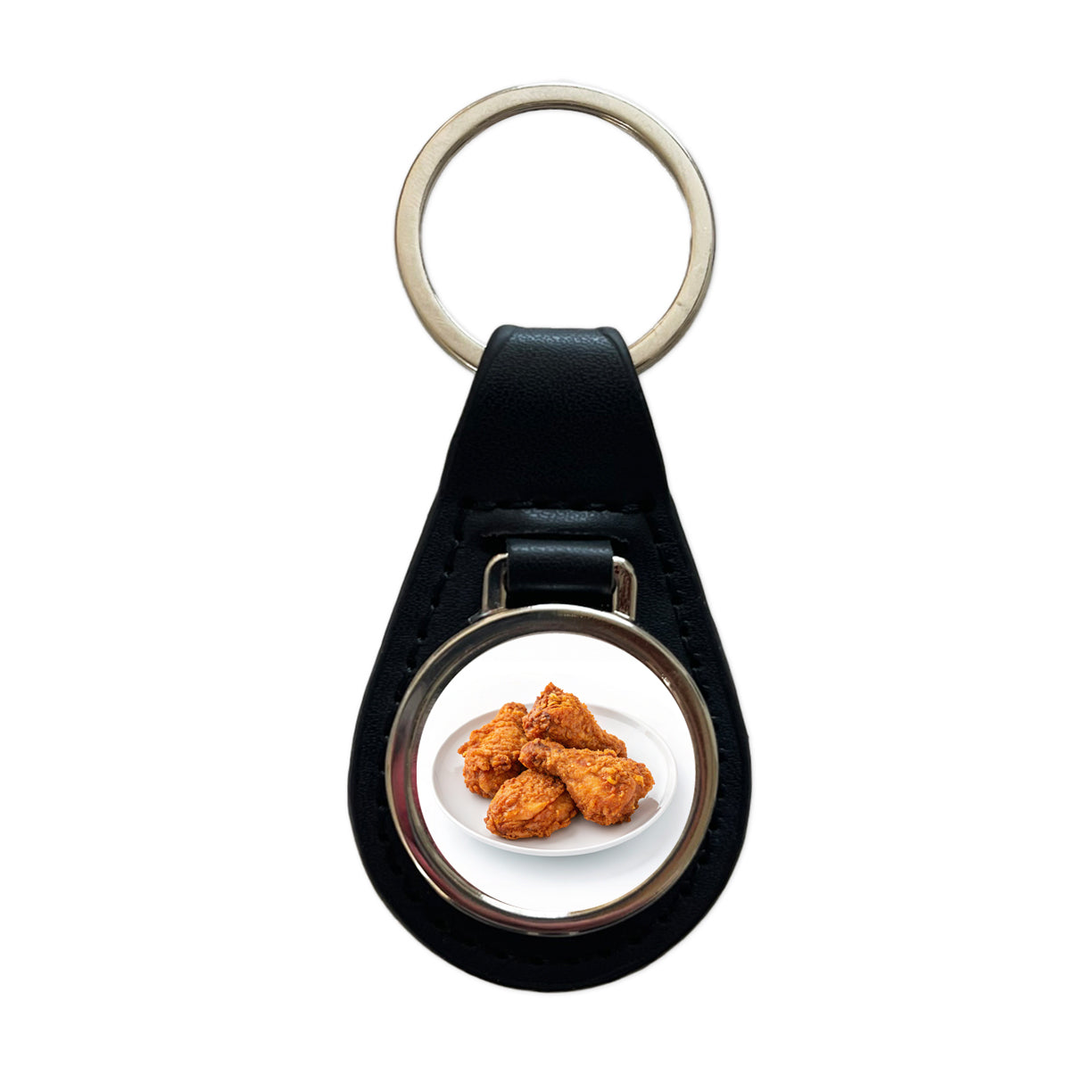 Fried Chicken Wings Black Leather Metal Keychain