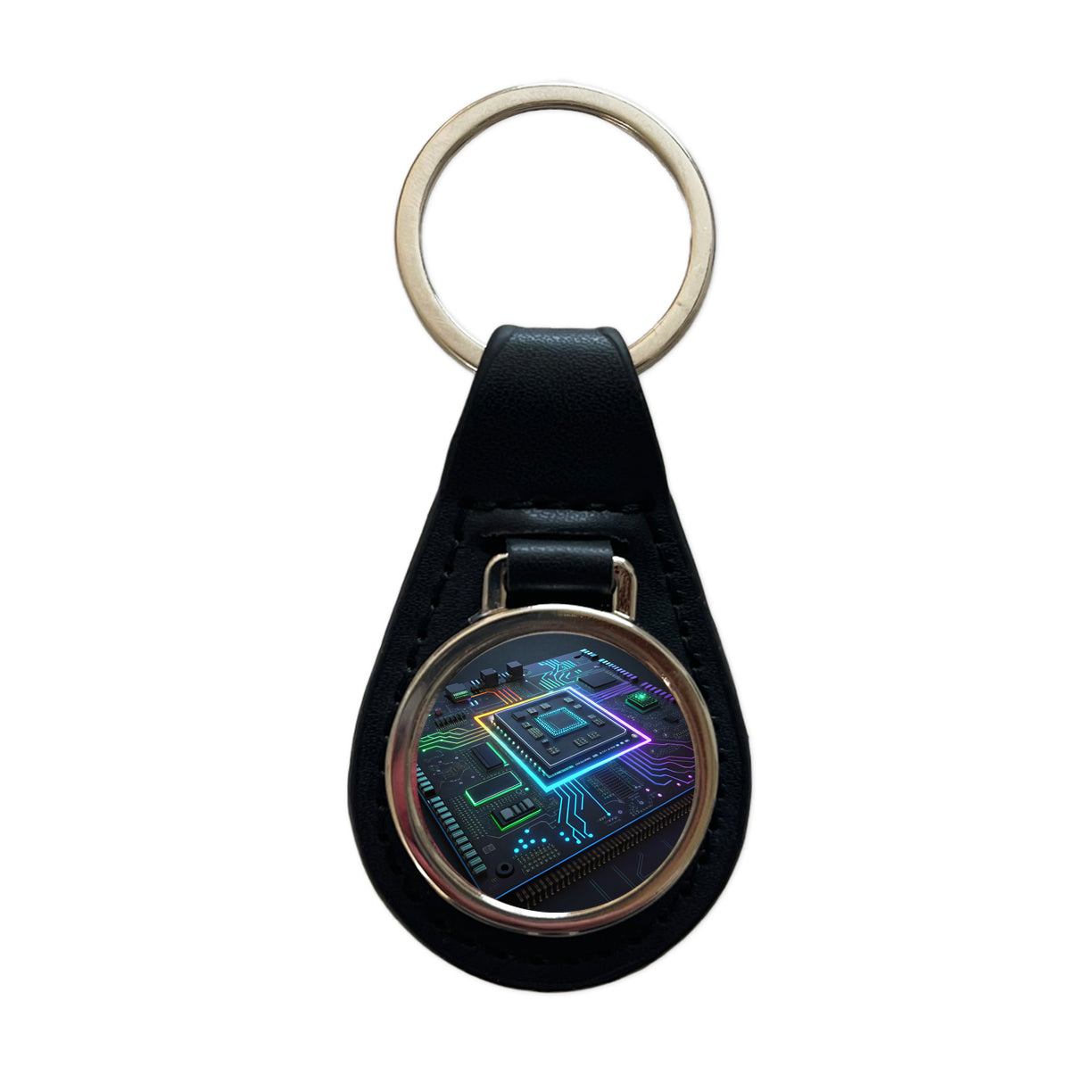 Futuristic Circuit Board Black Leather Metal Keychain