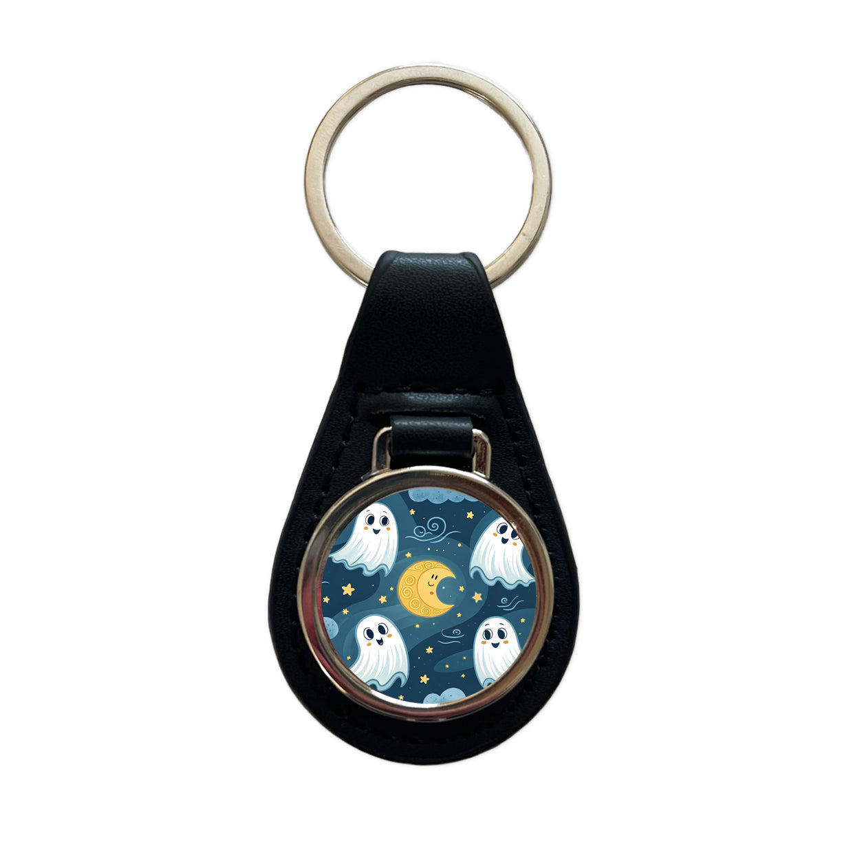 Ghosts Smiling Floating Night Sky Halloween Black Leather Metal Keychain