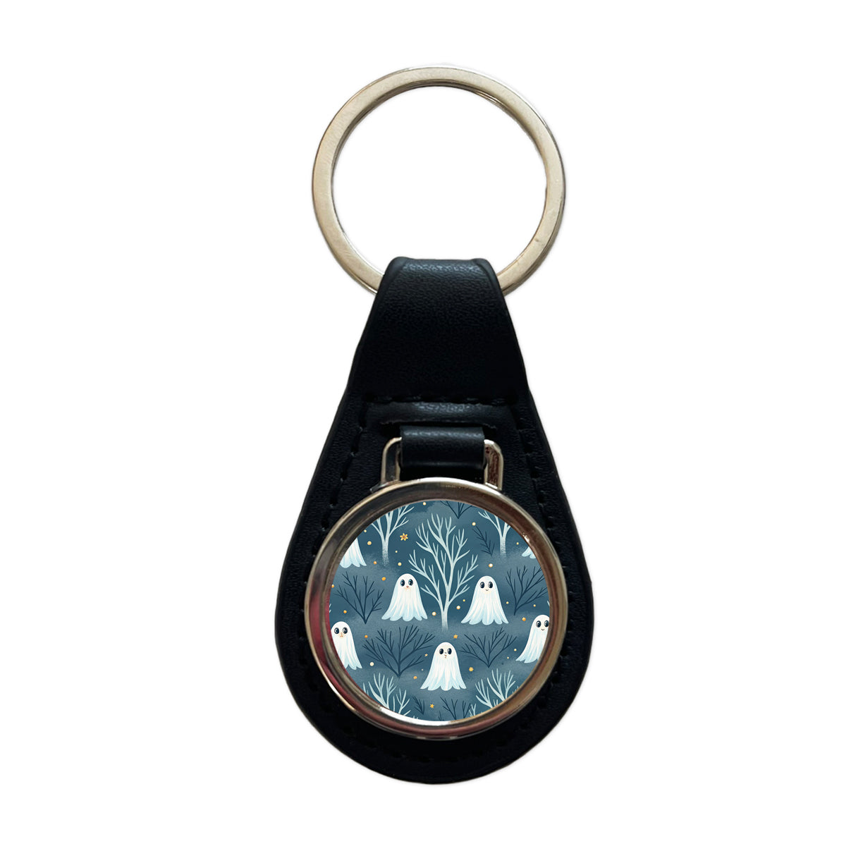 Ghosts Smiling Halloween Sparse Trees Black Leather Metal Keychain