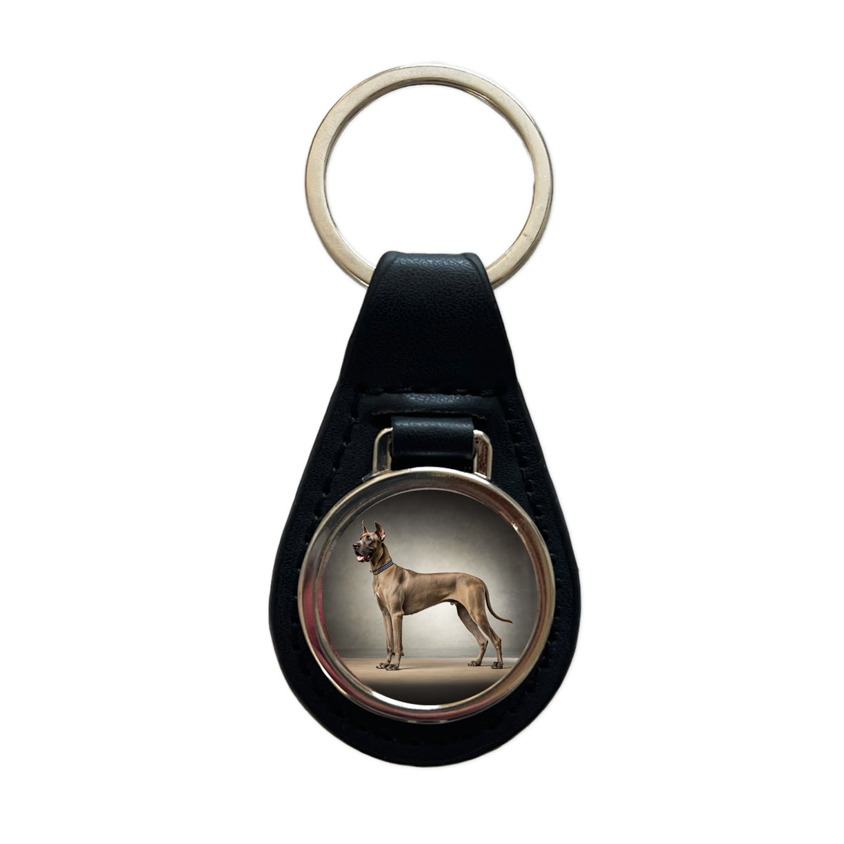 Great Dane Standing Photo Black Leather Metal Keychain