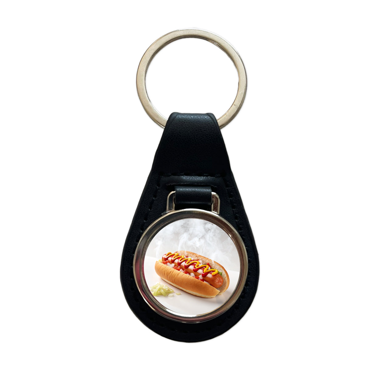 Hot Dog Ketchup Mustard Onions Black Leather Metal Keychain