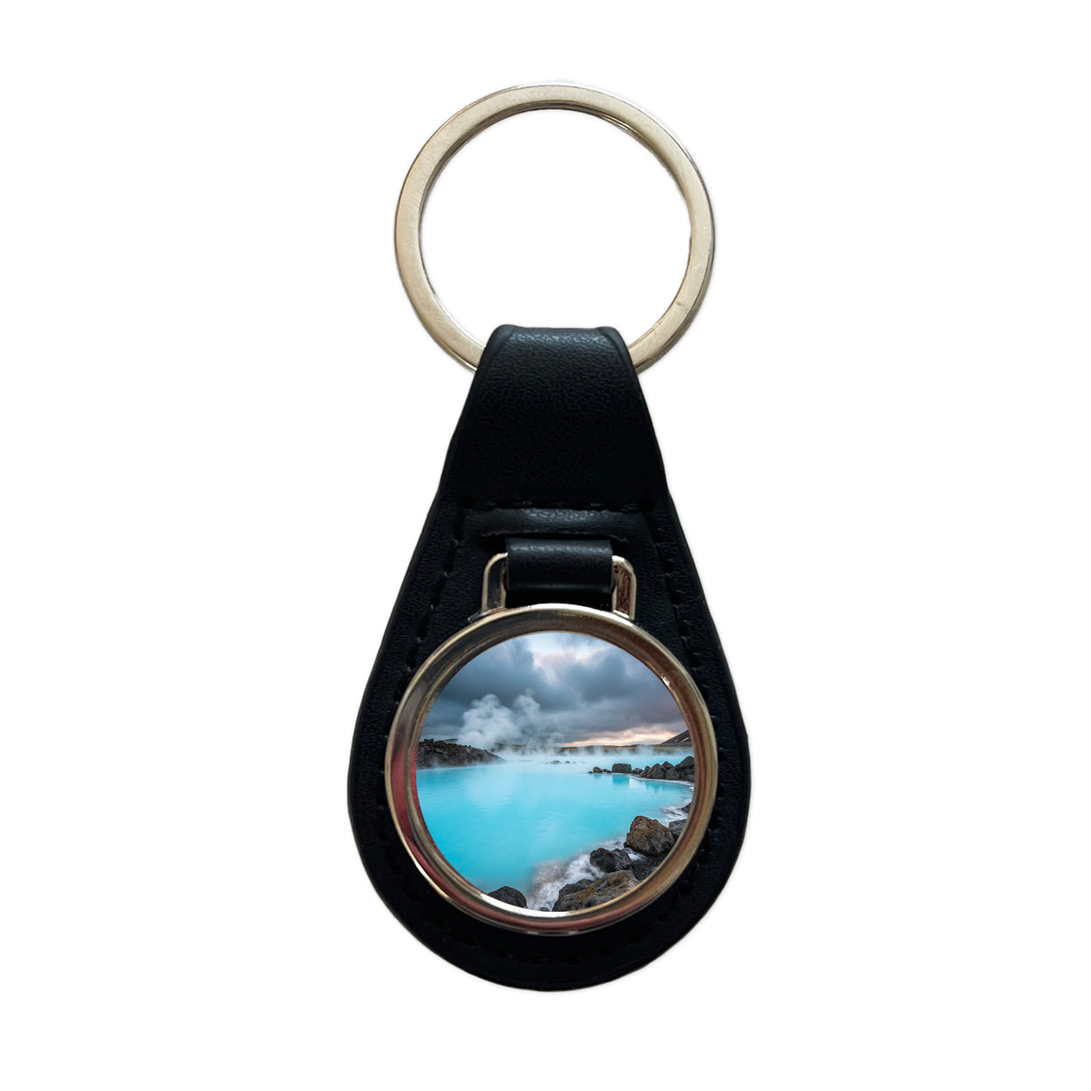 Iceland Blue Lagoon Stunning Black Leather Metal Keychain