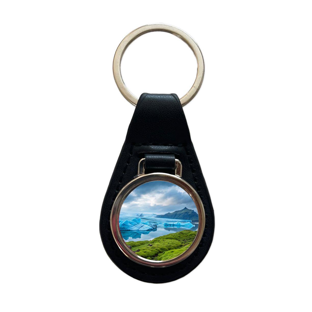 Iceland Nature Black Leather Metal Keychain