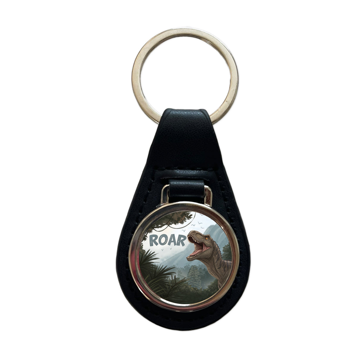 Iguanodon Roar Bold Text Dinosaur Black Leather Metal Keychain
