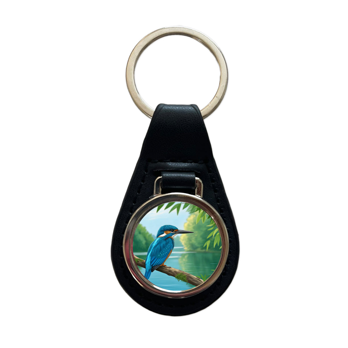 Kingfisher Bird On Branch Black Leather Metal Keychain